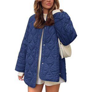 Women's Jacket Puffer Darkblue Zip Pocket Clothes Button Down Padded Outerwear